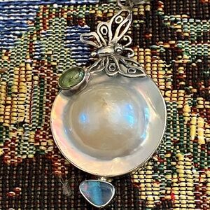Artisan Made Sterling Butterfly Pendant with Mother of Pearl Opal and Peridot